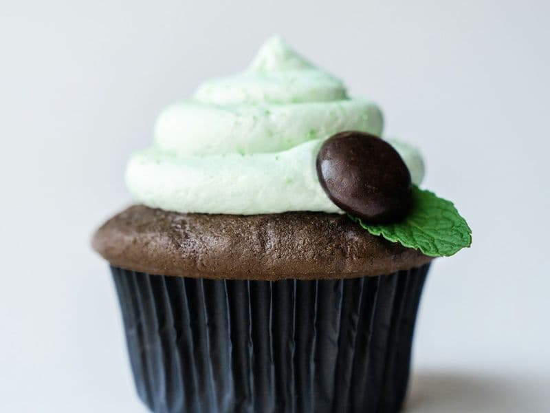 Cupcake de chocolate con crema de menta y una hoja fresca sobre fondo blanco